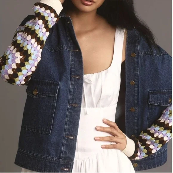 Anthropologie Crochet-Sleeve Denim Jacket Size Small